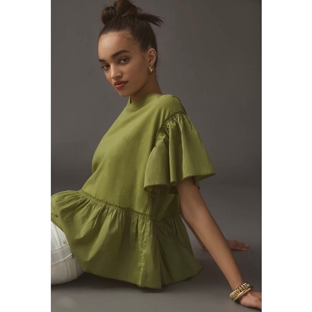 Anthropologie Green Peplum Babydoll Top Size Medium with Ruffle Flutter Sleeve